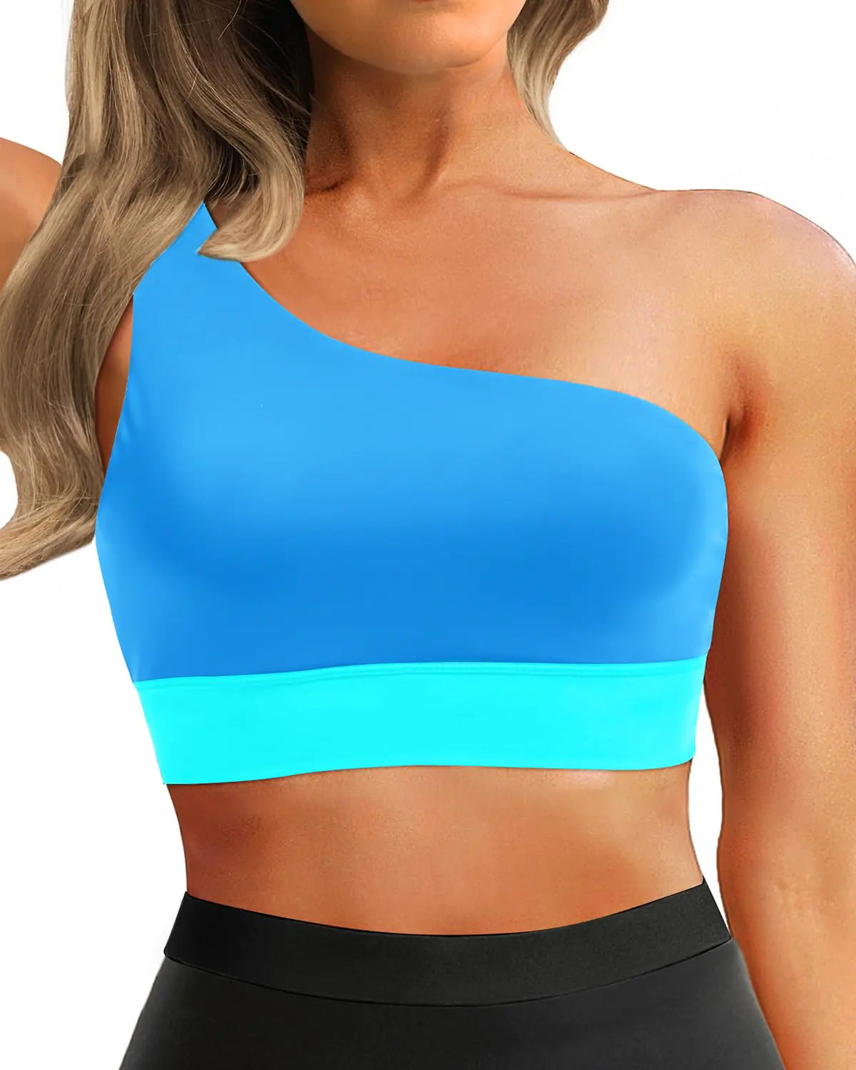 Holipick Blue Green Women One Shoulder Bikini Top Sports Bra Swimsuit Top Crop Top Bathing Suit Top Only for Teen Girls L